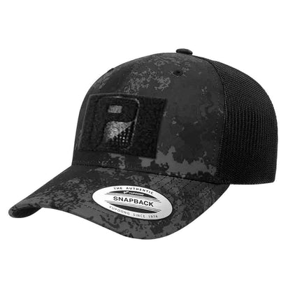 Veil Camo Curved Bill Trucker Pull Patch Hat by SNAPBACK - Black Camo and Black - Pull Patch - Removable Patches For Authentic Flexfit and Snapback Hats