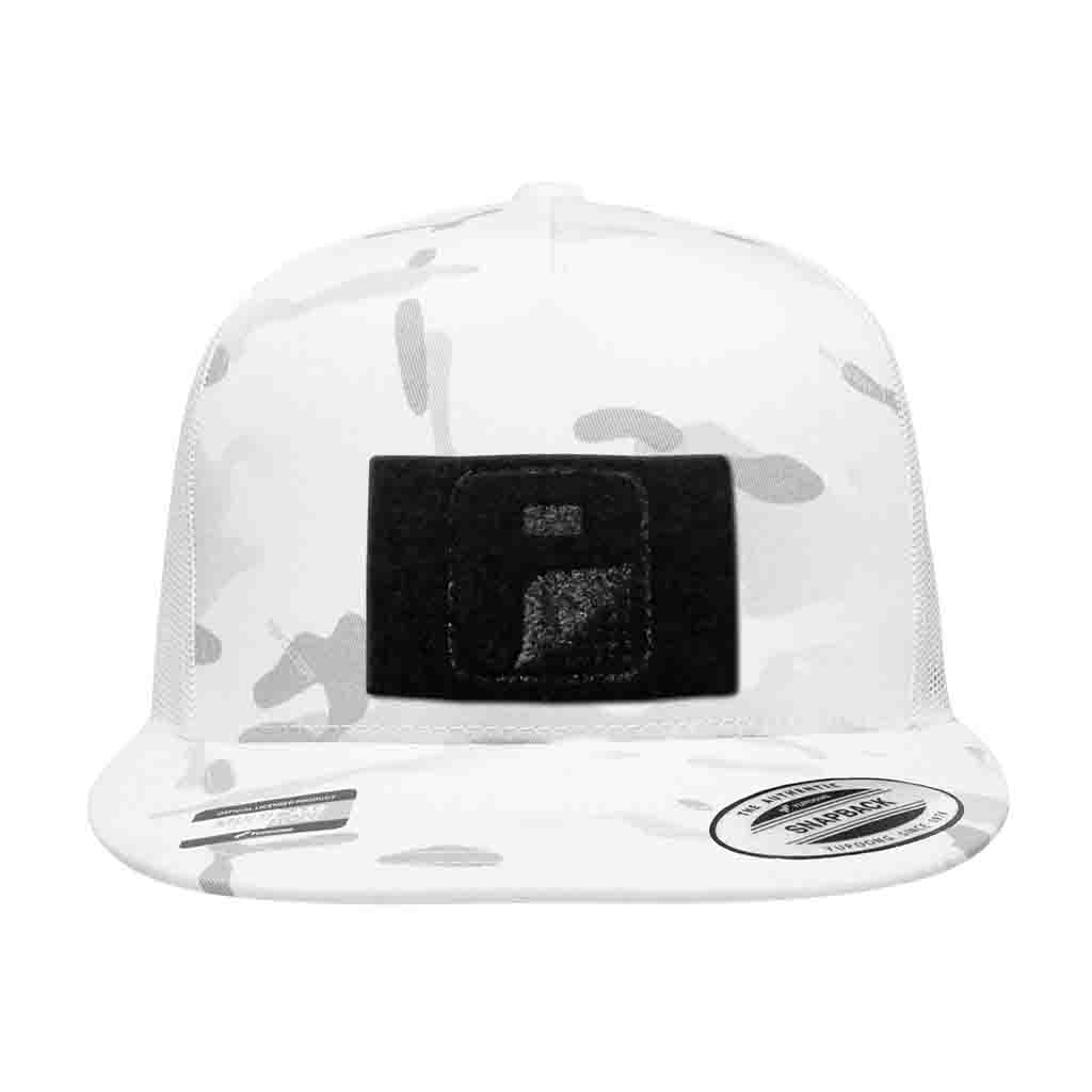 MULTICAM® Classic Trucker - Flat Bill - Pull Patch Hat by SNAPBACK - Alpine White Camo and White - Pull Patch - Removable Patches For Authentic Flexfit and Snapback Hats