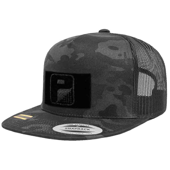 MULTICAM® Classic Trucker - Flat Bill - Pull Patch Hat by SNAPBACK - Black Camo and Black - Pull Patch - Removable Patches For Authentic Flexfit and Snapback Hats