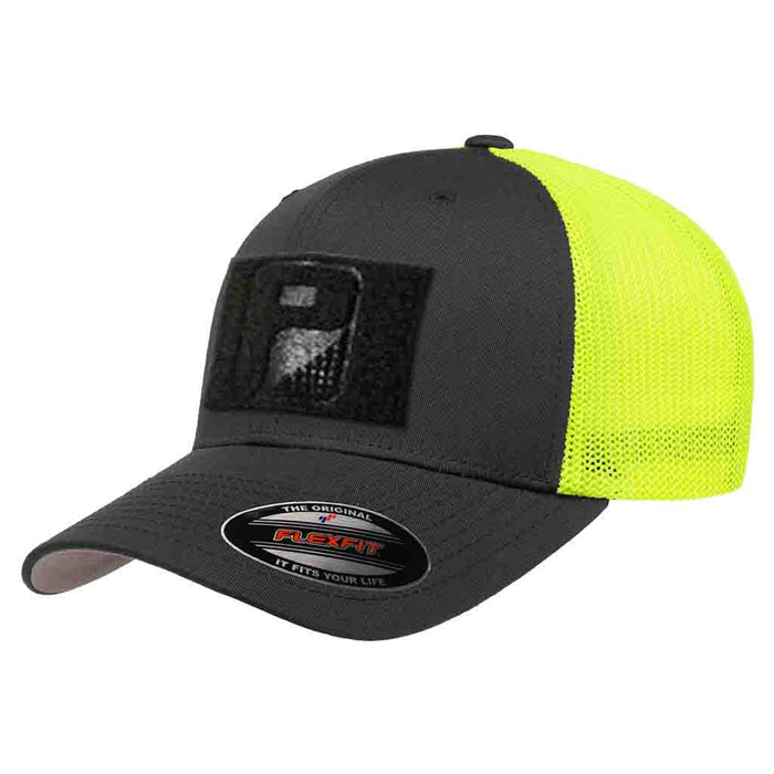 TRUCKER - CURVED BILL - 2-TONE PULL PATCH HAT BY FLEXFIT - CHARCOAL AND NEON GREEN - Pull Patch - Removable Patches That Stick To Your Gear