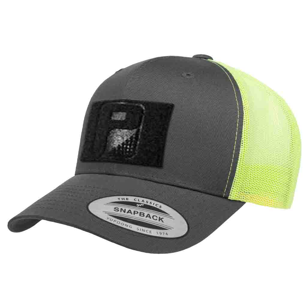 Trucker - Curved Bill - 2-Tone Pull Patch Hat By Snapback - Charcoal and Neon Green - Pull Patch - Removable Patches That Stick To Your Gear