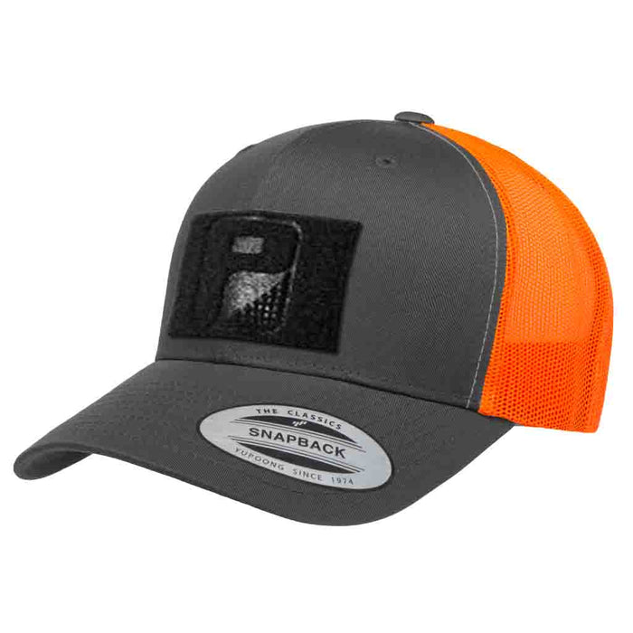 Trucker - Curved Bill - 2-Tone Pull Patch Hat By Snapback - Charcoal and Neon Orange - Pull Patch - Removable Patches That Stick To Your Gear