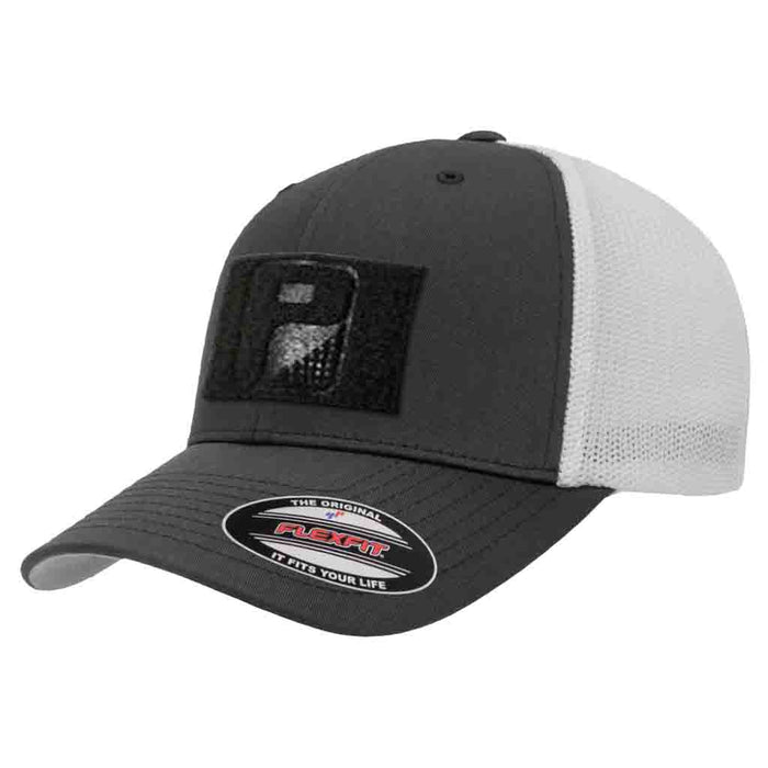 Charcoal and White - Trucker Mesh 2-Tone Flexfit Hat by Pull Patch - Pull Patch - Removable Patches For Authentic Flexfit and Snapback Hats