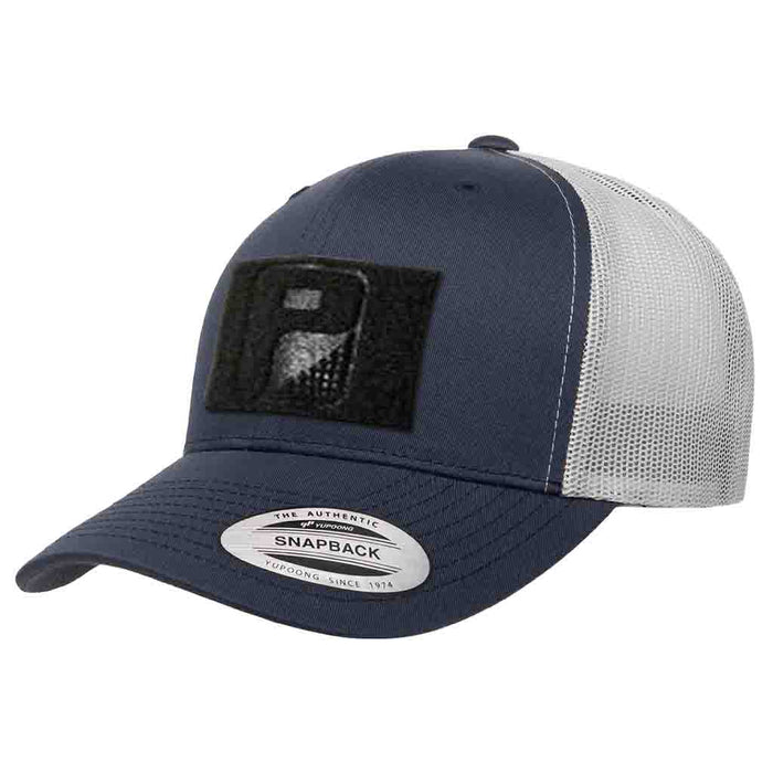 Retro Trucker 2-Tone Pull Patch Hat By Snapback - Navy Blue and Silver - Pull Patch - Removable Patches For Authentic Flexfit and Snapback Hats