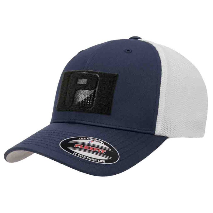 Navy and White - Trucker Mesh 2-Tone Flexfit Hat by Pull Patch - Pull Patch - Removable Patches For Authentic Flexfit and Snapback Hats