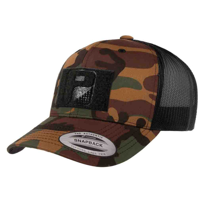 Vintage Camo Retro Trucker Pull Patch Hat by SNAPBACK - Camo and Black - Pull Patch - Removable Patches For Authentic Flexfit and Snapback Hats