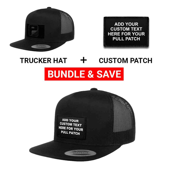 Bundle: 4 Lines Custom Text + Flat Bill Trucker Hat (Black)