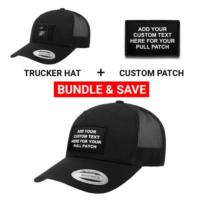 Bundle: 4 Lines Custom Text + Curved Bill Trucker Hat (Black)