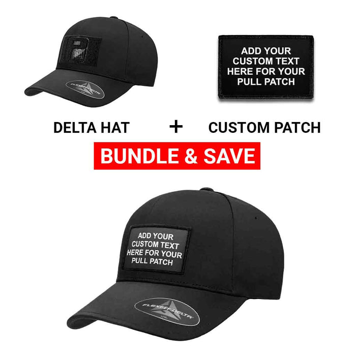 Bundle: 4 Lines Custom Text + Curved Bill Delta Hat (Black - L/XL)