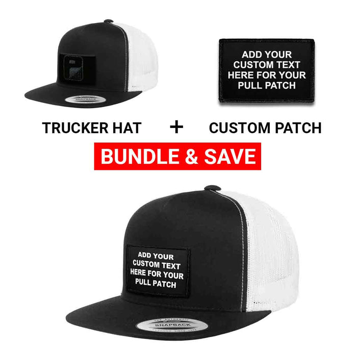 Bundle: 4 Lines Custom Text + Flat Bill Trucker Hat (Black & White)