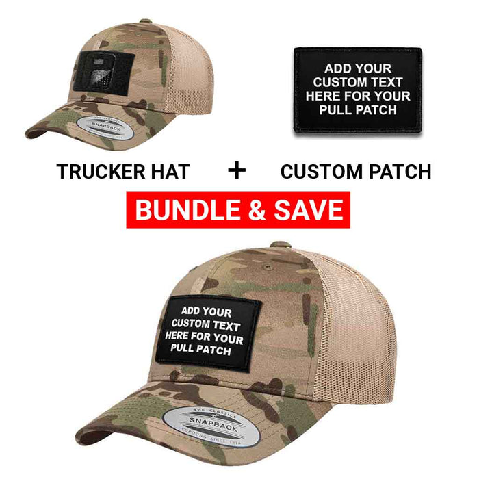 Bundle: 4 Lines Custom Text + Curved Bill Multicam® Trucker Hat (Camo & Khaki)