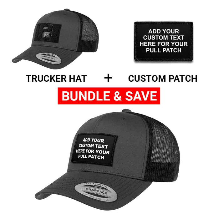 Bundle: 4 Lines Custom Text + Curved Bill Trucker Hat (Charcoal & Black)