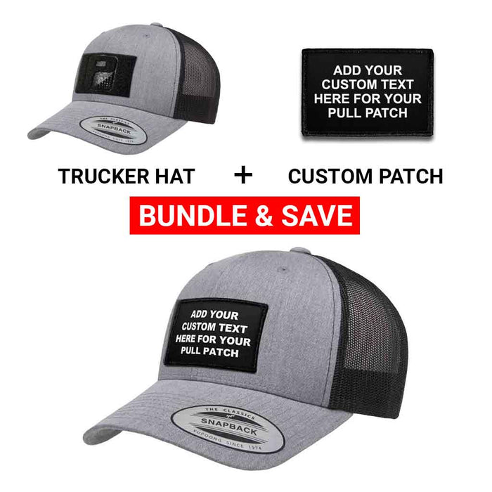 Bundle: 4 Lines Custom Text + Curved Bill Trucker Hat (Heather & Black)