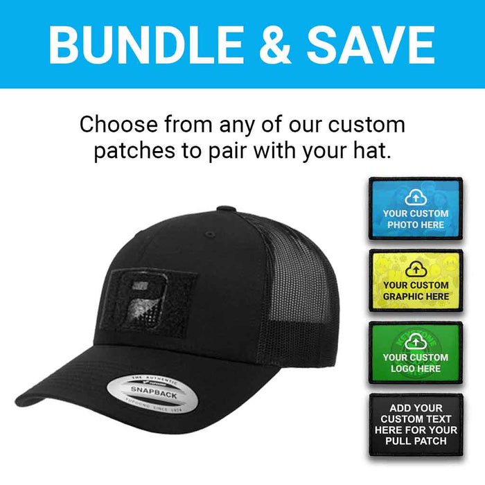 Bundle: 4 Lines Custom Text + Curved Bill Trucker Hat (Black)