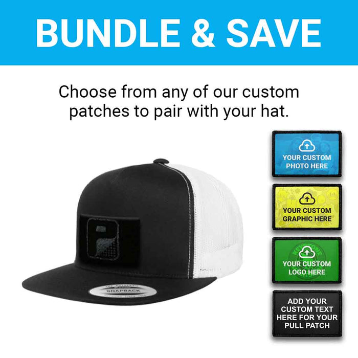 Bundle: 4 Lines Custom Text + Flat Bill Trucker Hat (Black & White)
