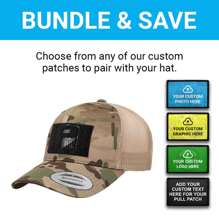 Bundle: 4 Lines Custom Text + Curved Bill Multicam® Trucker Hat (Camo & Khaki)