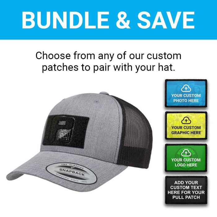 Bundle: 4 Lines Custom Text + Curved Bill Trucker Hat (Heather & Black)