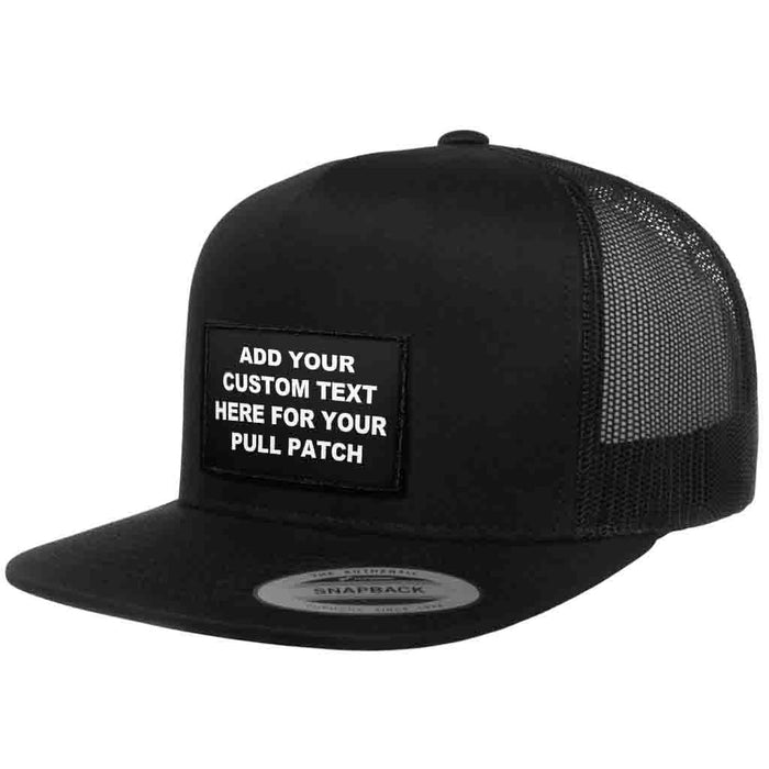Bundle: 4 Lines Custom Text + Flat Bill Trucker Hat (Black)
