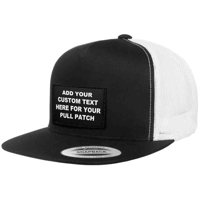 Bundle: 4 Lines Custom Text + Flat Bill Trucker Hat (Black & White)