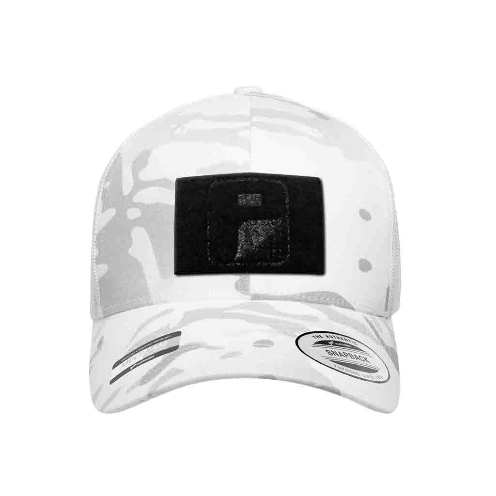 MULTICAM® Retro Trucker Pull Patch Hat by SNAPBACK - Alpine White Camo and White - Pull Patch - Removable Patches For Authentic Flexfit and Snapback Hats