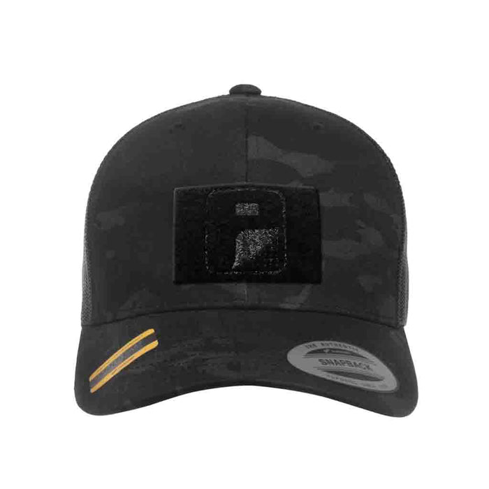 MULTICAM® Retro Trucker Pull Patch Hat by SNAPBACK - Black Camo and Black - Pull Patch - Removable Patches For Authentic Flexfit and Snapback Hats