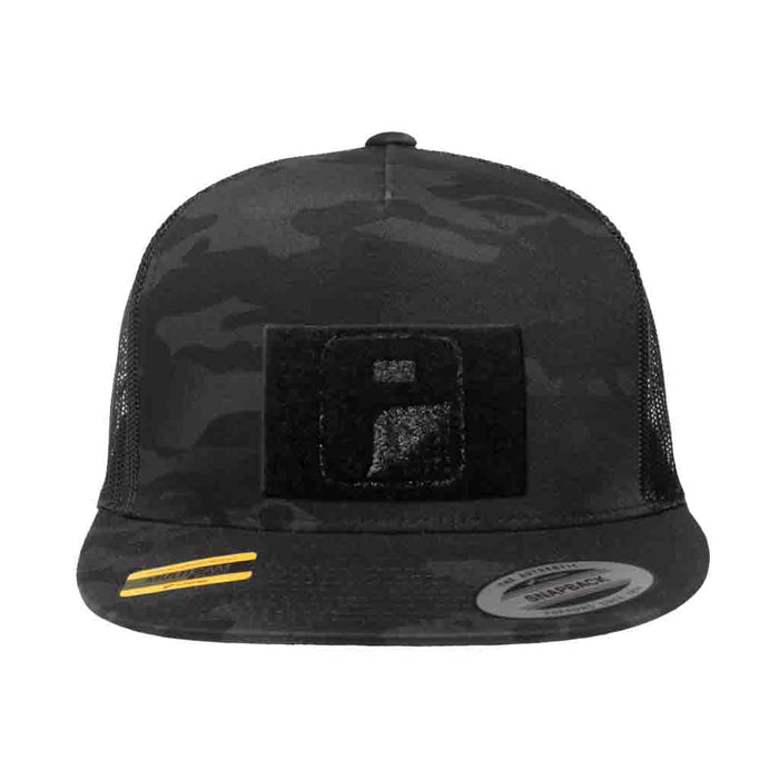 MULTICAM® Classic Trucker - Flat Bill - Pull Patch Hat by SNAPBACK - Black Camo and Black - Pull Patch - Removable Patches For Authentic Flexfit and Snapback Hats