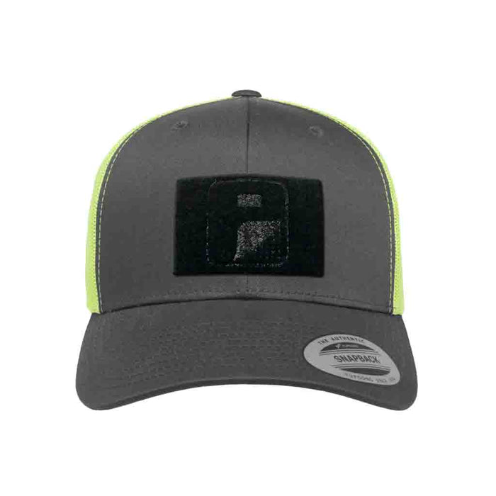 Trucker - Curved Bill - 2-Tone Pull Patch Hat By Snapback - Charcoal and Neon Green - Pull Patch - Removable Patches That Stick To Your Gear