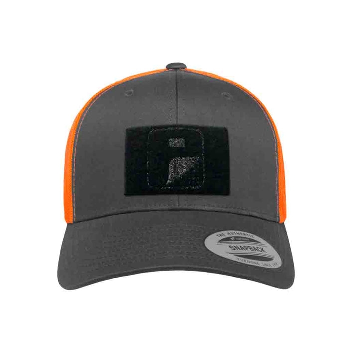 Trucker - Curved Bill - 2-Tone Pull Patch Hat By Snapback - Charcoal and Neon Orange - Pull Patch - Removable Patches That Stick To Your Gear