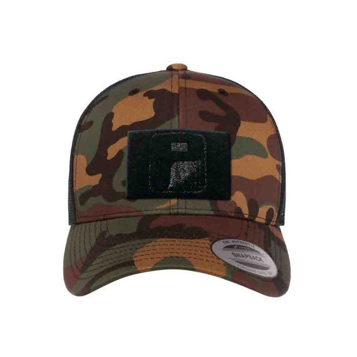 Vintage Camo Retro Trucker Pull Patch Hat by SNAPBACK - Camo and Black - Pull Patch - Removable Patches For Authentic Flexfit and Snapback Hats