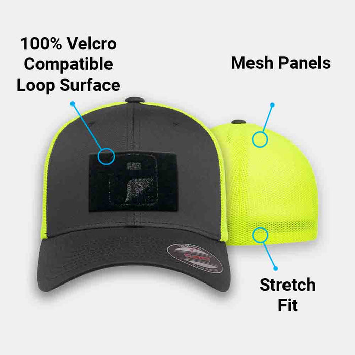 Trucker Curved Bill Flexfit Hat by Pull Patch (Charcoal/Neon Green)