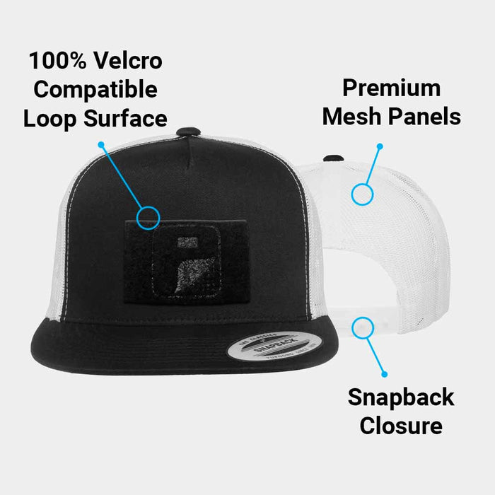 Trucker Flat Bill Snapback Hat by Pull Patch (Black/White)