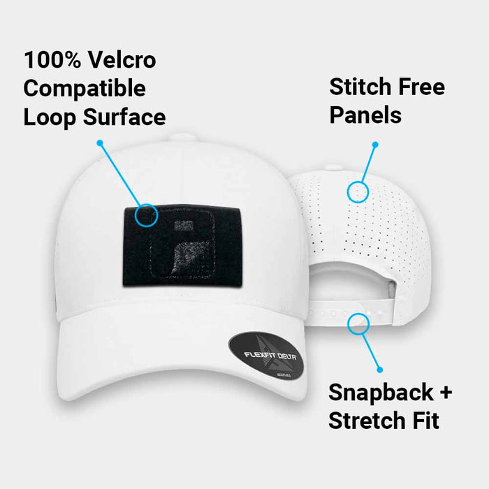 Delta Flexfit + Snapback Hat with Perforation - Curved Bill by Pull Patch (White)