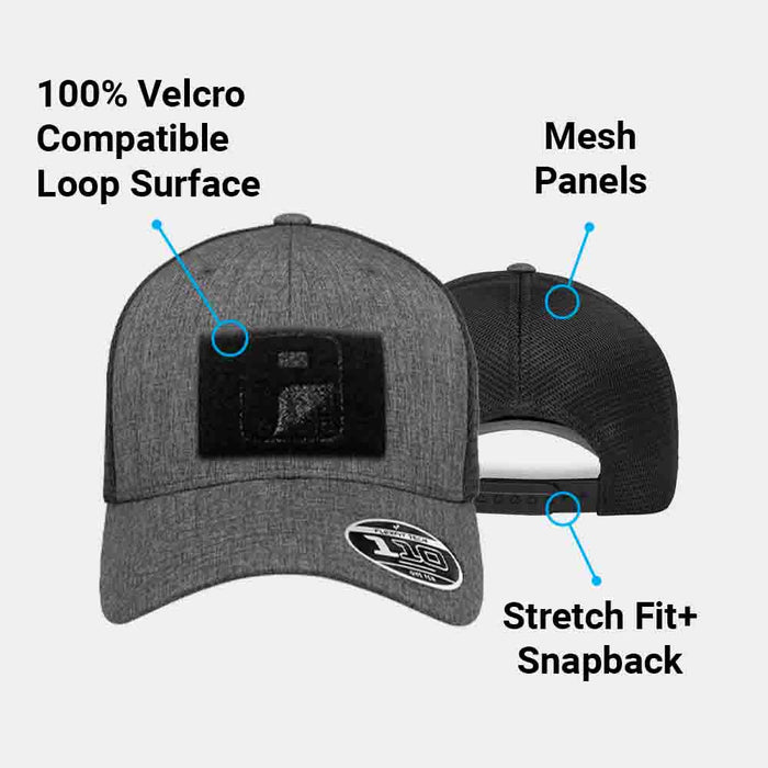 Trucker Curved Bill Flexfit + Snapback Hat by Pull Patch (Melange Charcoal/Black)