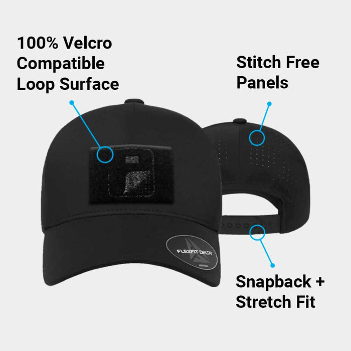 Delta Flexfit + Snapback Hat with Perforation - Curved Bill by Pull Patch (Black)