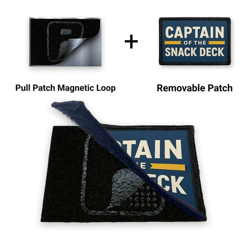 Two patches: a pull patch magnetic loop and a removable patch with 'Captain of the Snack Deck' text.