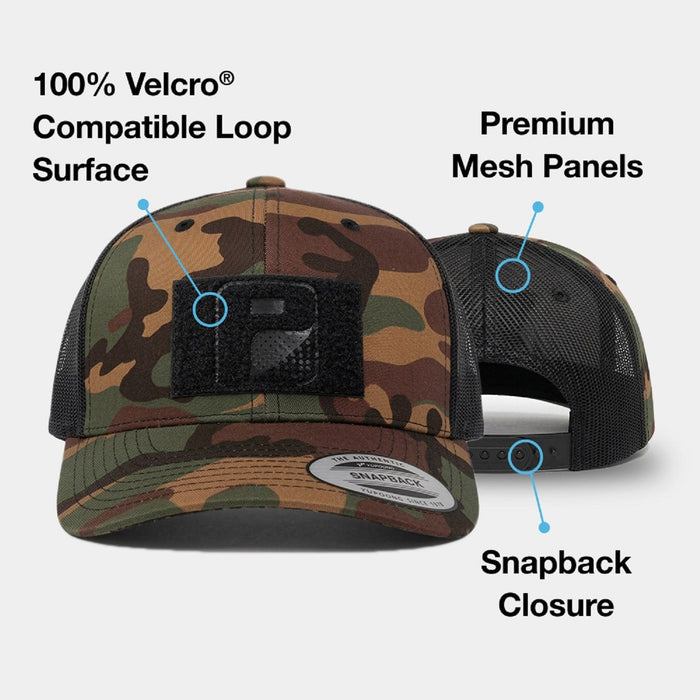 Trucker Curved Bill Snapback Hat by Pull Patch (Camo/Black)
