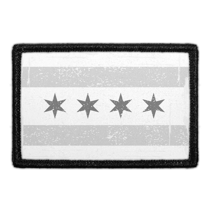 Chicago City Flag - Black And White Distressed - Pull Patch - Removable Patch - For Authentic Flexfit and Snapback Hats