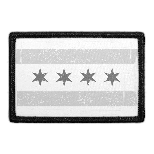 Chicago City Flag - Black And White Distressed - Pull Patch - Removable Patch - For Authentic Flexfit and Snapback Hats