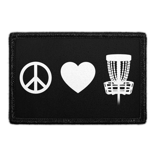 PEACE. LOVE. - DISC GOLF Meta Data - Crop Image Text - - Removable Patch - Pull Patch - Removable Patches For Authentic Flexfit and Snapback Hats
