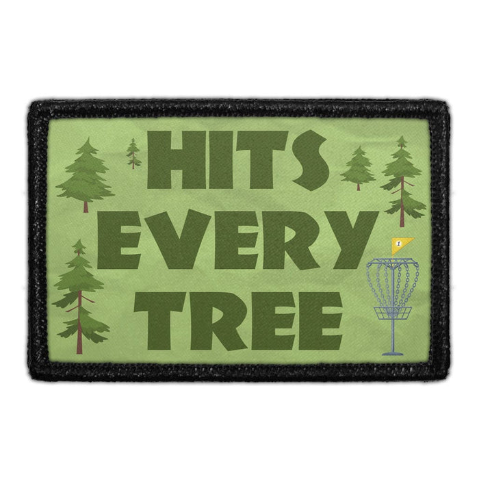 HITS EVERY TREE - DISC GOLF Meta Data - Crop Image Text - - Removable Patch - Pull Patch - Removable Patches For Authentic Flexfit and Snapback Hats