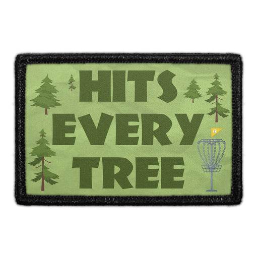 HITS EVERY TREE - DISC GOLF Meta Data - Crop Image Text - - Removable Patch - Pull Patch - Removable Patches For Authentic Flexfit and Snapback Hats