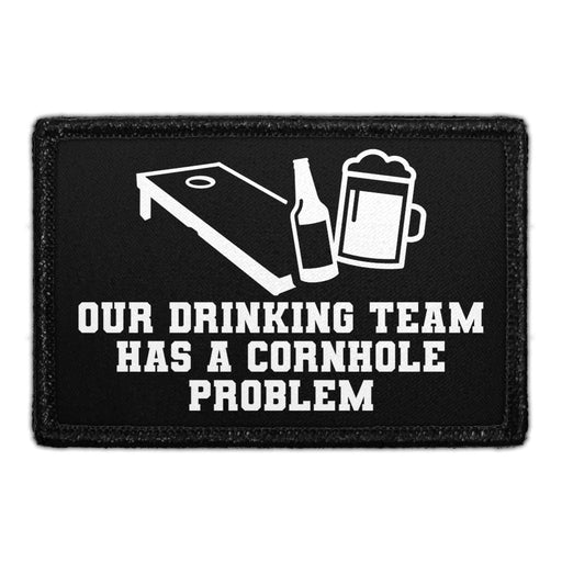 OUR DRINKING TEAM HAS A CORNHOLE PROBLEM Meta Data - Crop Image Text - - Removable Patch - Pull Patch - Removable Patches For Authentic Flexfit and Snapback Hats