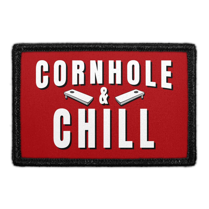 CORNHOLE & CHILL Meta Data - Crop Image Text - - Removable Patch - Pull Patch - Removable Patches For Authentic Flexfit and Snapback Hats