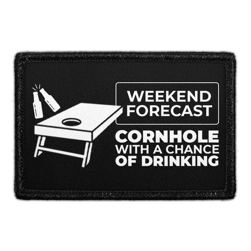  WEEKEND FORECAST - CORNHOLE WITH A CHANCE OF DRINKING Meta Data - Crop Image Text - - Removable Patch - Pull Patch - Removable Patches For Authentic Flexfit and Snapback Hats