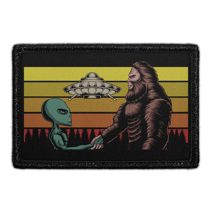 Alien & Bigfoot Shaking Hands - Removable Patch - Pull Patch - Removable Patches That Stick To Your Gear