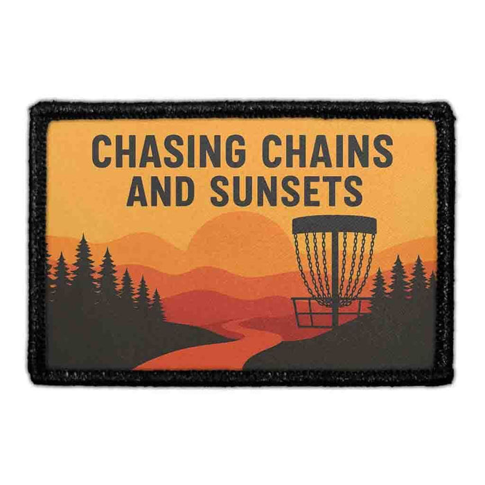 CHASING CHAINS AND SUNSET Meta Data - Crop Image Text - - Removable Patch - Pull Patch - Removable Patches For Authentic Flexfit and Snapback Hats