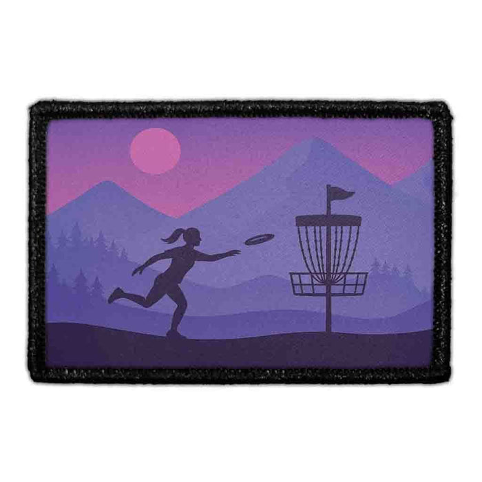 Female Disc Golfer In Mountains Meta Data - Crop Image Text - - Removable Patch - Pull Patch - Removable Patches For Authentic Flexfit and Snapback Hats
