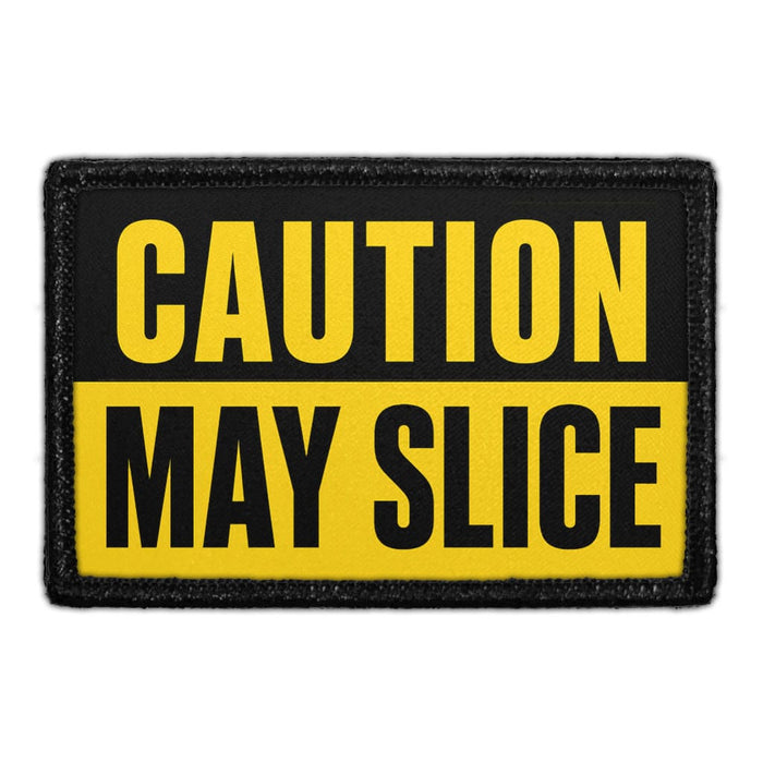Caution May Slice  - Meta Data - Crop Image Text - - Removable Patch - Pull Patch - Removable Patches For Authentic Flexfit and Snapback Hats
