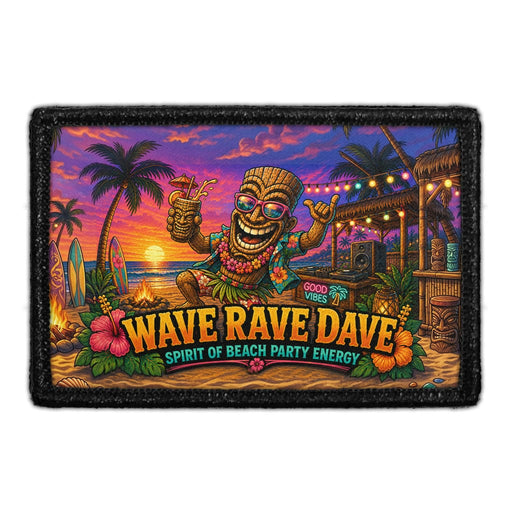 Wave Rave Dave - Spirit of Beach Party Energy  - Meta Data - Crop Image Text - - Removable Patch - Pull Patch - Removable Patches For Authentic Flexfit and Snapback Hats
