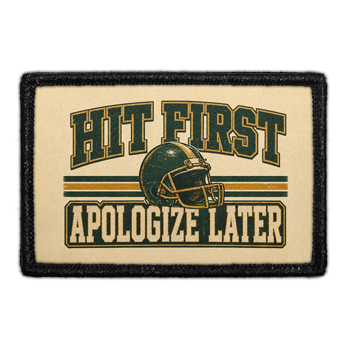 Hit First - Apologize Later  - Meta Data - Crop Image Text - - Removable Patch - Pull Patch - Removable Patches For Authentic Flexfit and Snapback Hats
